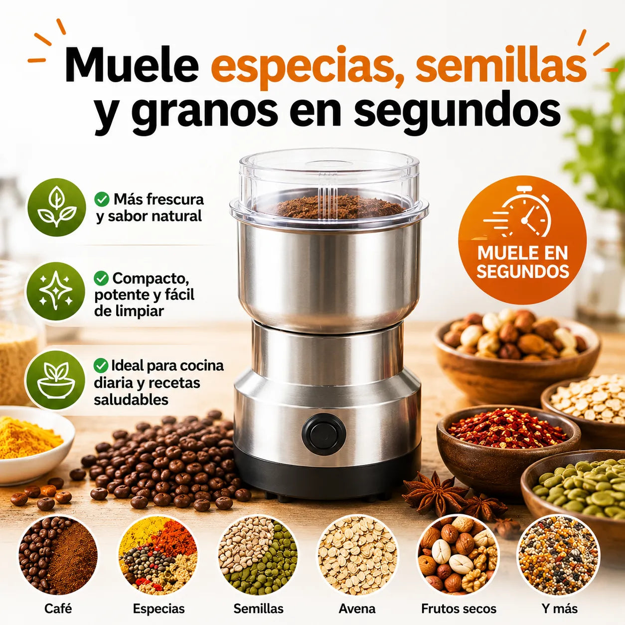 Deja de preparar café y comidas sin sabor: Muele granos, semillas y especias en segundos